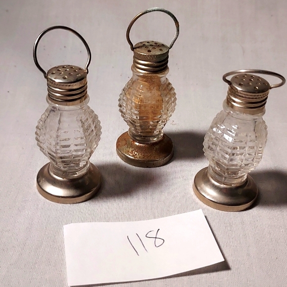 Vintage Pressed Glass Lantern Style Salt & Pepper Shakers Set of Three Metal Lid - Picture 2 of 7